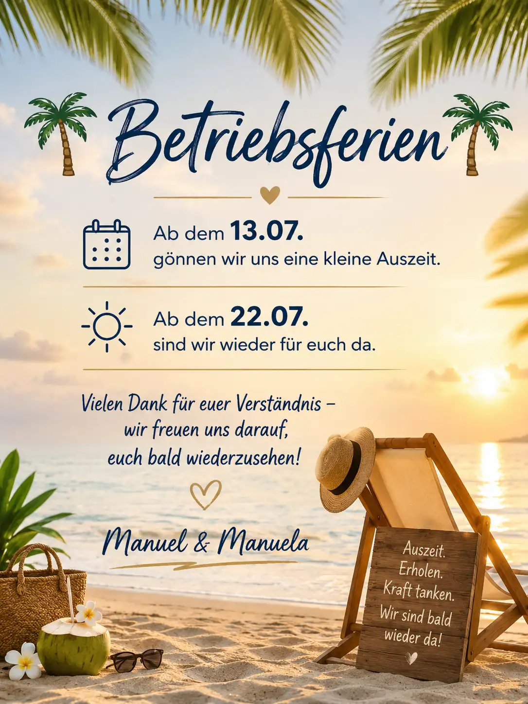 Betriebsferien: Ab dem 13.07. gönnen wir uns eine kleine Auszeit, ab dem 22.07. sind wir wieder für euch da. Vielen Dank für euer Verständnis – Manuel & Manuela